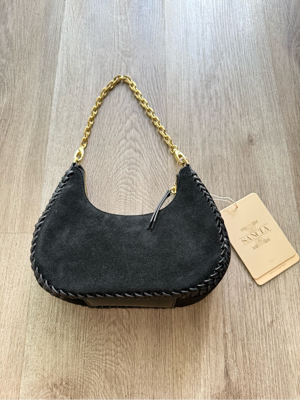 sancia the zatka black suede leather gold chain link shoulder purse cluth bag